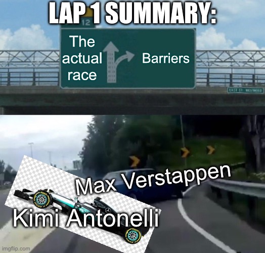 Austria GP Lap 1 | LAP 1 SUMMARY:; The actual race; Barriers; Max Verstappen; Kimi Antonelli | image tagged in memes,left exit 12 off ramp | made w/ Imgflip meme maker