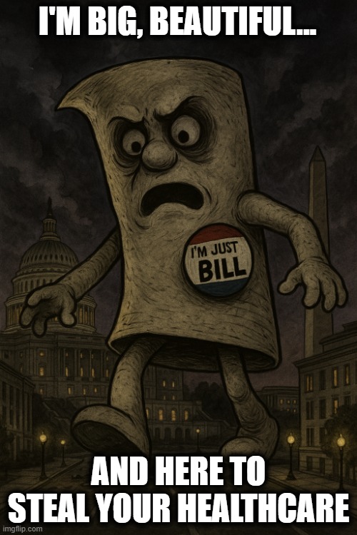 Big Beautiful Bill | I'M BIG, BEAUTIFUL... AND HERE TO STEAL YOUR HEALTHCARE | image tagged in bill | made w/ Imgflip meme maker