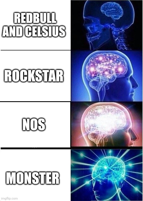 Expanding Brain Meme | REDBULL AND CELSIUS; ROCKSTAR; NOS; MONSTER | image tagged in memes,expanding brain | made w/ Imgflip meme maker