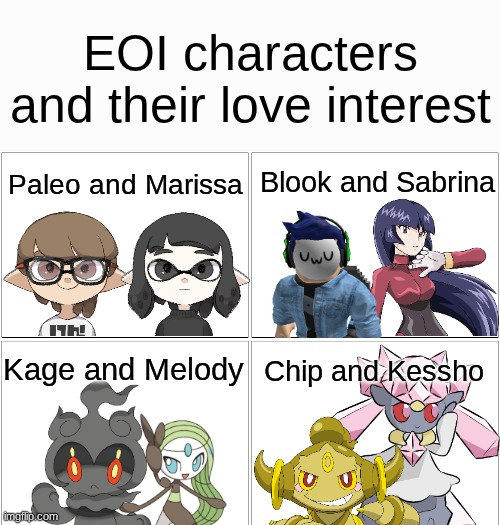 EOI Characters and their Love Interest.mp3 | image tagged in eoi,paleo and marissa,blook x sabrina,kage and melody,chip and kessho | made w/ Imgflip meme maker