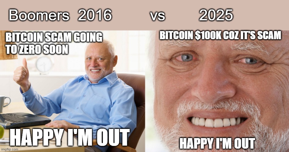 Bitcoin Boomers Scam | Boomers  2016         vs        2025; BITCOIN SCAM GOING
TO ZERO SOON; BITCOIN $100K COZ IT'S SCAM; HAPPY I'M OUT; HAPPY I'M OUT | image tagged in hide the pain harold,bitcoin,boomers,boomer,bitcoin boomer | made w/ Imgflip meme maker