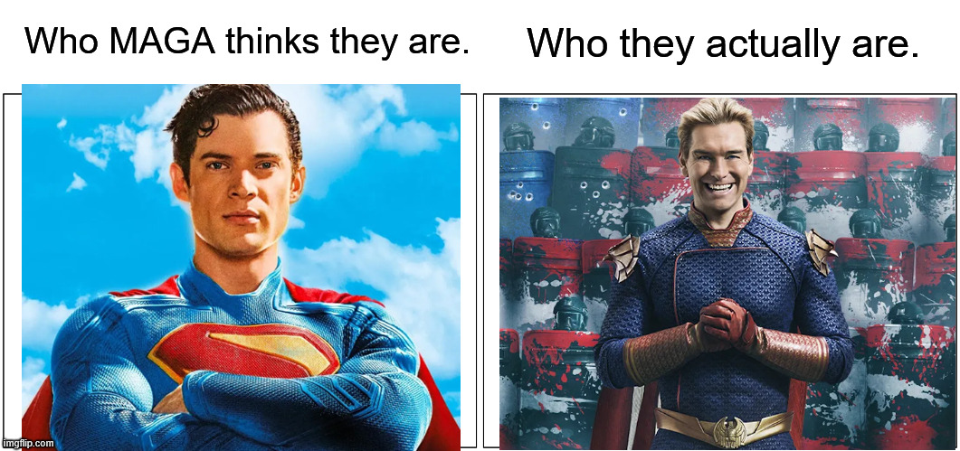 Blank Comic Panel 2x1 | Who MAGA thinks they are. Who they actually are. | image tagged in memes,blank comic panel 2x1 | made w/ Imgflip meme maker