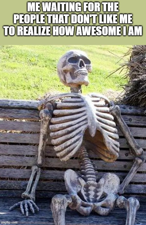 Waiting For The People That Don't Like Me To Realize How Awesome I Am | ME WAITING FOR THE PEOPLE THAT DON'T LIKE ME TO REALIZE HOW AWESOME I AM | image tagged in skeleton,waiting skeleton,people,awesome,funny,memes | made w/ Imgflip meme maker