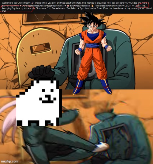 for those who don't know: it said "The Annoying Dog beat up Kakarot/Goku" | image tagged in hoshino kicking black suit,bruh | made w/ Imgflip meme maker