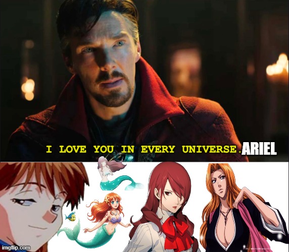 i love you in every universe ariel | ARIEL | image tagged in dr strange i love you in every universe,ariel,one piece,the little mermaid,neon genesis evangelion,bleach | made w/ Imgflip meme maker