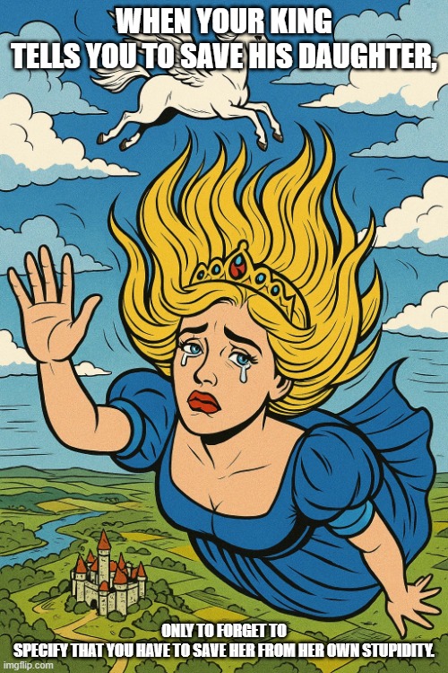 Plummeting Princess 2 | WHEN YOUR KING TELLS YOU TO SAVE HIS DAUGHTER, ONLY TO FORGET TO SPECIFY THAT YOU HAVE TO SAVE HER FROM HER OWN STUPIDITY. | image tagged in plummeting princess 2 | made w/ Imgflip meme maker