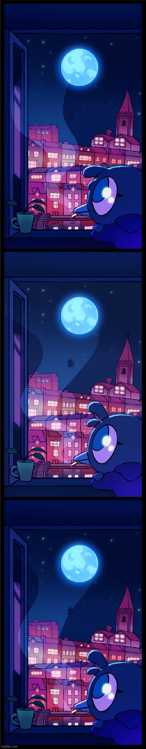 image tagged in bird,window,moon,smoking,smoke,wizard | made w/ Imgflip meme maker