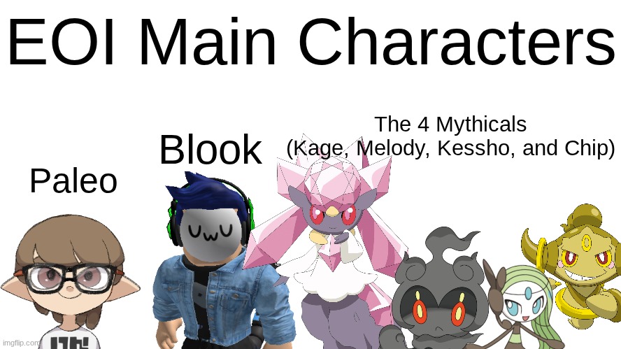 EOI Main Characters.mp3 | image tagged in eoi,paleo,blook,the 4 mythicals,kage and melody,chip and kessho | made w/ Imgflip meme maker