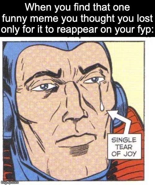 Tears of joy | When you find that one funny meme you thought you lost only for it to reappear on your fyp: | image tagged in tear of joy,memes,happiness,funny memes,relatable memes,so true memes | made w/ Imgflip meme maker