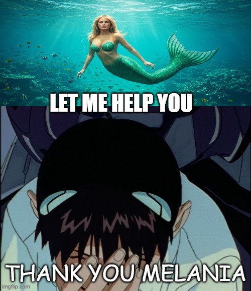 melania helps shinji | LET ME HELP YOU; THANK YOU MELANIA | image tagged in shinji hurt,melania trump,crossover,melania mermaid,neon genesis evangelion,anime | made w/ Imgflip meme maker