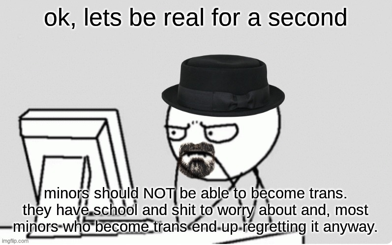 waltuh computer | ok, lets be real for a second; minors should NOT be able to become trans. they have school and shit to worry about and, most minors who become trans end up regretting it anyway. | image tagged in waltuh computer | made w/ Imgflip meme maker