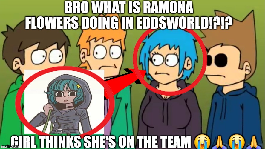 No way guys | BRO WHAT IS RAMONA FLOWERS DOING IN EDDSWORLD!?!? GIRL THINKS SHE'S ON THE TEAM 😭🙏😭🙏 | image tagged in eddsworld,scott pilgrim,funny memes | made w/ Imgflip meme maker