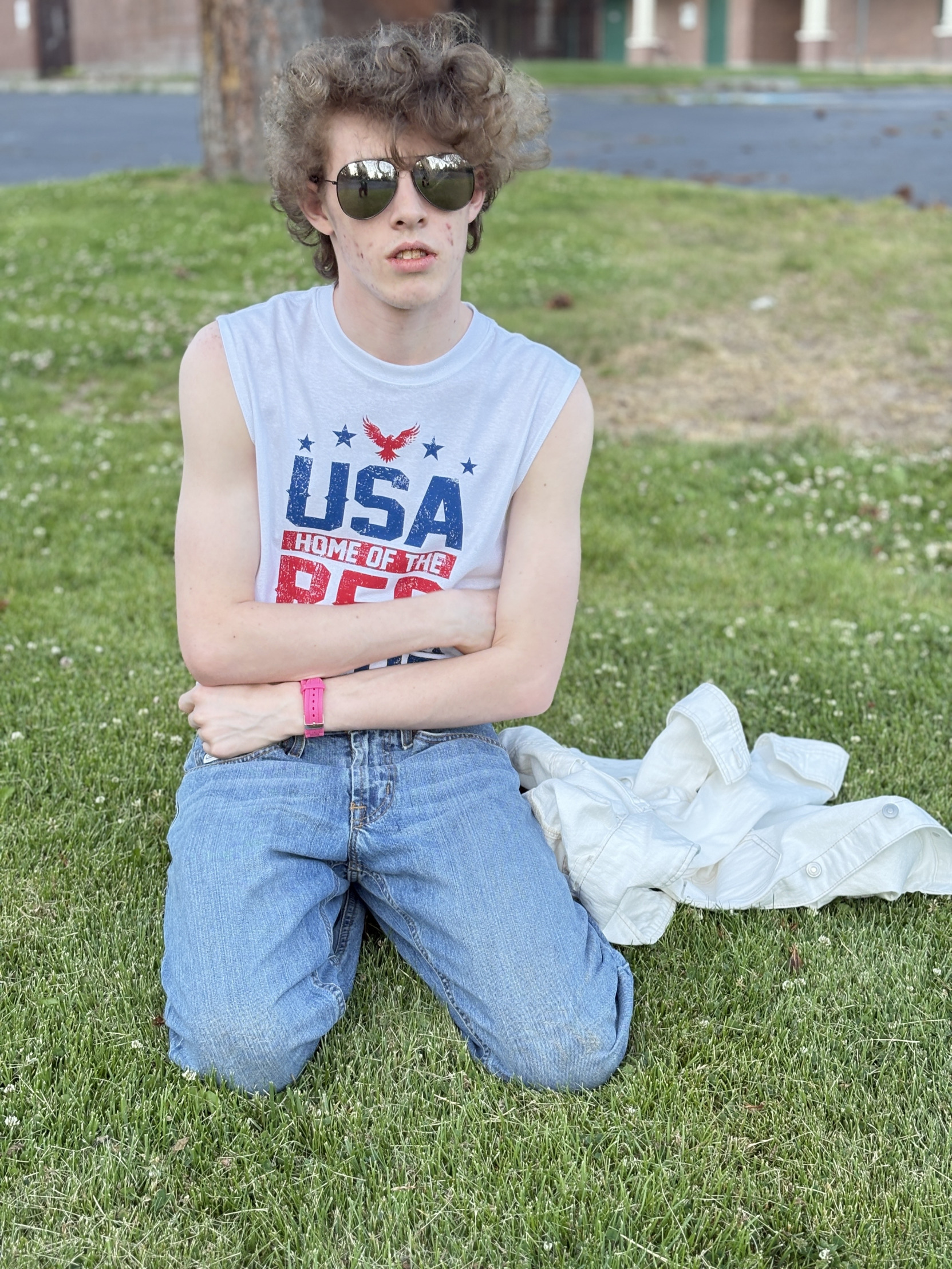 High Quality Liam Keel In Cowboy Jeans & White USA Tank Top #1 Blank Meme Template
