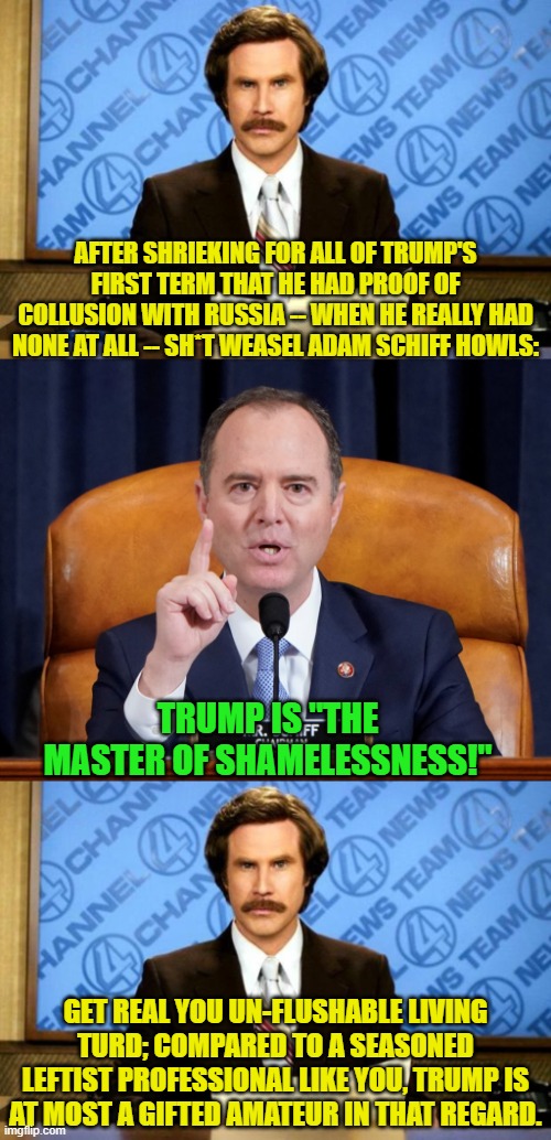 Now that's the crusty old pot calling the shiny new kettle sooty. | AFTER SHRIEKING FOR ALL OF TRUMP'S FIRST TERM THAT HE HAD PROOF OF COLLUSION WITH RUSSIA -- WHEN HE REALLY HAD NONE AT ALL -- SH*T WEASEL ADAM SCHIFF HOWLS:; TRUMP IS "THE MASTER OF SHAMELESSNESS!"; GET REAL YOU UN-FLUSHABLE LIVING TURD; COMPARED TO A SEASONED LEFTIST PROFESSIONAL LIKE YOU, TRUMP IS AT MOST A GIFTED AMATEUR IN THAT REGARD. | image tagged in yep | made w/ Imgflip meme maker