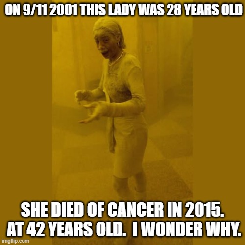 The Dust Lady | ON 9/11 2001 THIS LADY WAS 28 YEARS OLD; SHE DIED OF CANCER IN 2015.  AT 42 YEARS OLD.  I WONDER WHY. | image tagged in dust lady,9/11,cancer,conspiracy,politics | made w/ Imgflip meme maker