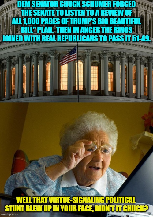 What happened to Nancy Pelosi's, "You gotta pass it to know what's in it, quip? | DEM SENATOR CHUCK SCHUMER FORCED THE SENATE TO LISTEN TO A REVIEW OF ALL 1,000 PAGES OF TRUMP'S BIG BEAUTIFUL BILL" PLAN.  THEN IN ANGER THE RINOS JOINED WITH REAL REPUBLICANS TO PASS IT 51-49. WELL THAT VIRTUE-SIGNALING POLITICAL  STUNT BLEW UP IN YOUR FACE, DIDN'T IT CHUCK? | image tagged in grandma finds the internet | made w/ Imgflip meme maker