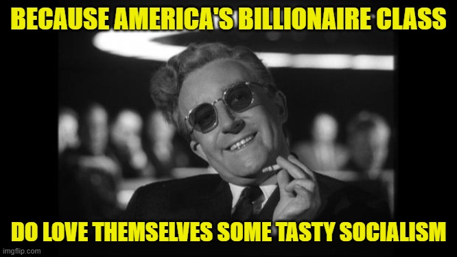 dr strangelove | BECAUSE AMERICA'S BILLIONAIRE CLASS DO LOVE THEMSELVES SOME TASTY SOCIALISM | image tagged in dr strangelove | made w/ Imgflip meme maker