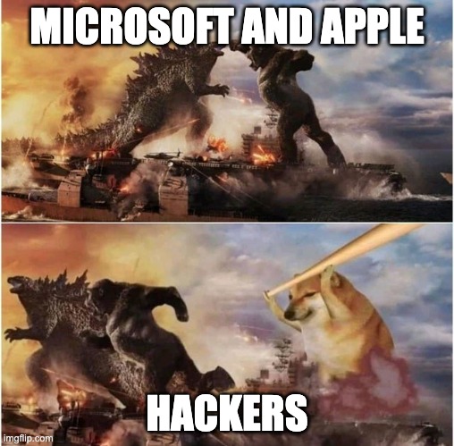 Godzilla vs Kong vs Cheems | MICROSOFT AND APPLE; HACKERS | image tagged in godzilla vs kong vs cheems | made w/ Imgflip meme maker