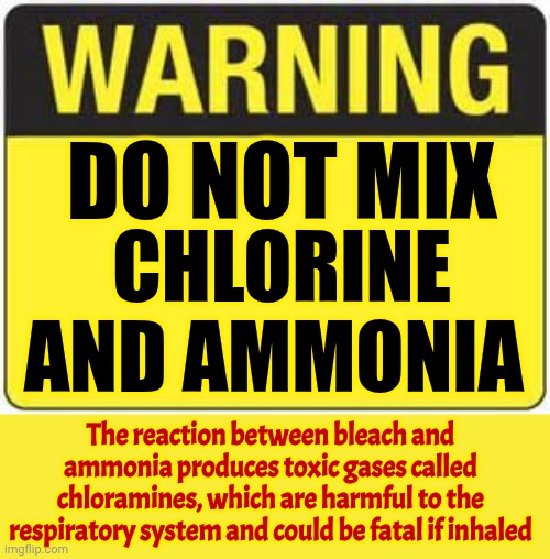 Toxic | DO NOT MIX; CHLORINE AND AMMONIA; The reaction between bleach and ammonia produces toxic gases called chloramines, which are harmful to the respiratory system and could be fatal if inhaled | image tagged in blank warning sign,toxic,chlorine,ammonia,be careful,memes | made w/ Imgflip meme maker