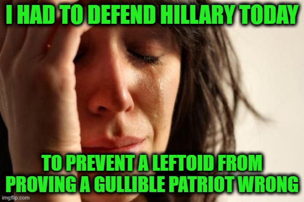 Check Yourself, Before you Wreck Yourself | I HAD TO DEFEND HILLARY TODAY; TO PREVENT A LEFTOID FROM PROVING A GULLIBLE PATRIOT WRONG | image tagged in memes,first world problems | made w/ Imgflip meme maker
