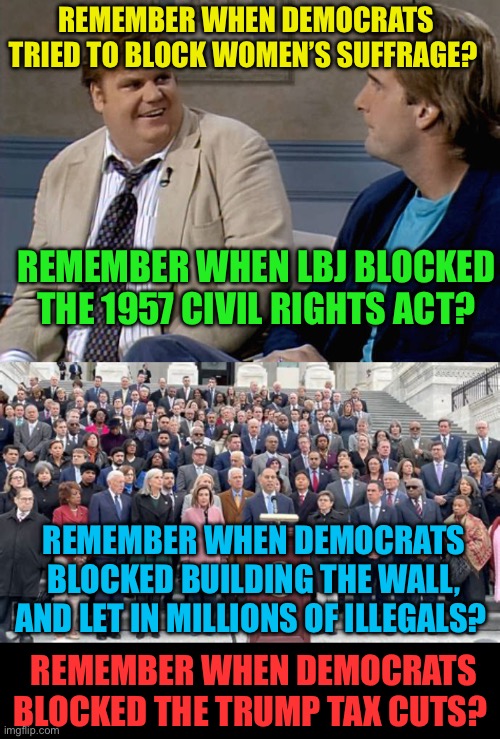 Democrats, wrong again | REMEMBER WHEN DEMOCRATS TRIED TO BLOCK WOMEN’S SUFFRAGE? REMEMBER WHEN LBJ BLOCKED THE 1957 CIVIL RIGHTS ACT? REMEMBER WHEN DEMOCRATS BLOCKED BUILDING THE WALL, AND LET IN MILLIONS OF ILLEGALS? REMEMBER WHEN DEMOCRATS BLOCKED THE TRUMP TAX CUTS? | image tagged in remember that time,democrats,democratic socialism,president trump,tax cuts | made w/ Imgflip meme maker