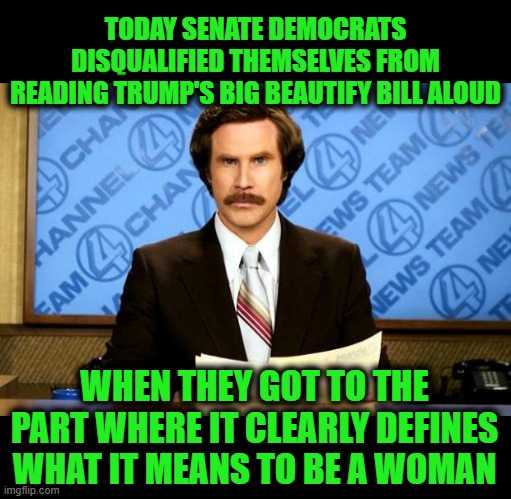 BREAKING NEWS | TODAY SENATE DEMOCRATS DISQUALIFIED THEMSELVES FROM READING TRUMP'S BIG BEAUTIFY BILL ALOUD; WHEN THEY GOT TO THE PART WHERE IT CLEARLY DEFINES WHAT IT MEANS TO BE A WOMAN | image tagged in breaking news | made w/ Imgflip meme maker