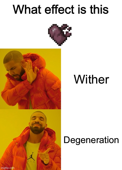 Degeneration II | What effect is this; Wither; Degeneration | image tagged in memes,drake hotline bling,minecraft | made w/ Imgflip meme maker