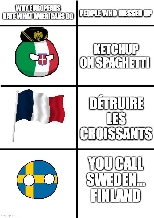 Comparison Chart | WHY EUROPEANS HATE WHAT AMERICANS DO; PEOPLE WHO MESSED UP; KETCHUP ON SPAGHETTI; DÉTRUIRE LES CROISSANTS; YOU CALL SWEDEN... FINLAND | image tagged in comparison chart | made w/ Imgflip meme maker