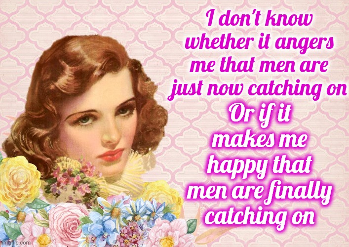 Centuries Of Unimaginable Torture And Suffering Because Men Never Caught On | I don't know whether it angers me that men are just now catching on; Or if it makes me happy that men are finally catching on | image tagged in irritated retro woman,sexism,sexist,wake up,the great awakening,memes | made w/ Imgflip meme maker