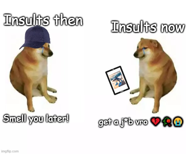 Insults then vs insults now | Insults now; Insults then; Smell you later! get a j*b vro 💔🥀😭 | image tagged in crying cheems vs crying cheems | made w/ Imgflip meme maker