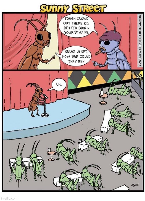 Nothing but crickets… | image tagged in comics,sunny street,stand up comedian,crickets | made w/ Imgflip meme maker