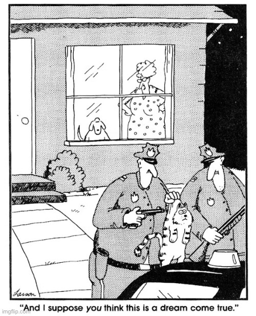 The Far Side | image tagged in comics,the far side,arrest the cat,dog | made w/ Imgflip meme maker
