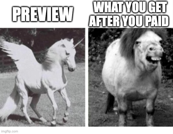 What you see ist not what you get | PREVIEW; WHAT YOU GET AFTER YOU PAID | image tagged in beautiful unicorn and ugly horse | made w/ Imgflip meme maker