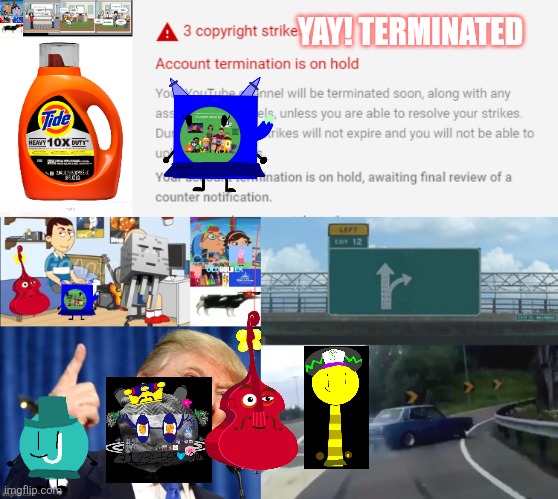 YAY! TERMINATED | image tagged in bh560j,caillou gets grounded,detergent | made w/ Imgflip meme maker
