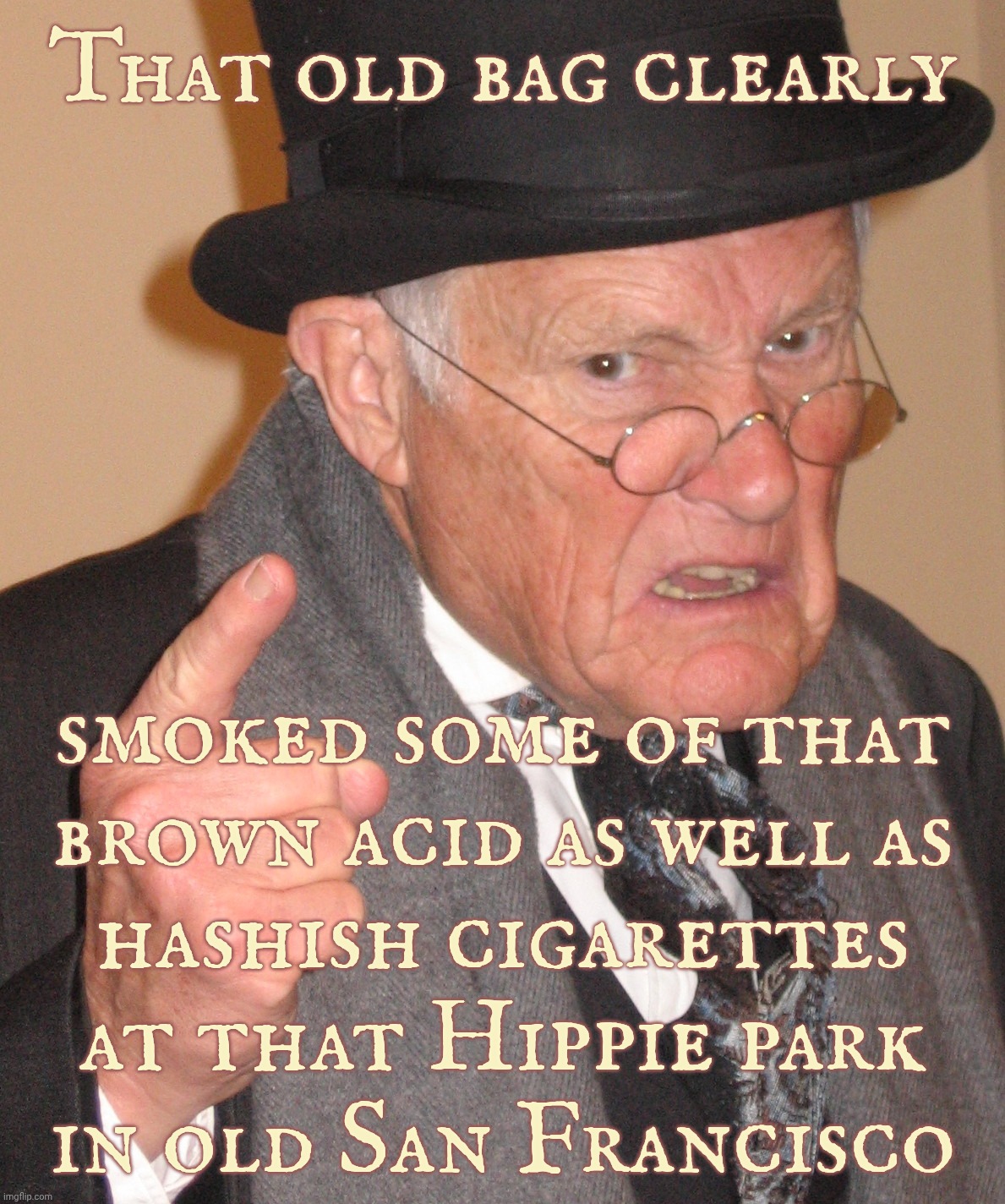 Angry old man | That old bag clearly smoked some of that
brown acid as well as
hashish cigarettes
at that Hippie park
in old San Francisco | image tagged in angry old man | made w/ Imgflip meme maker