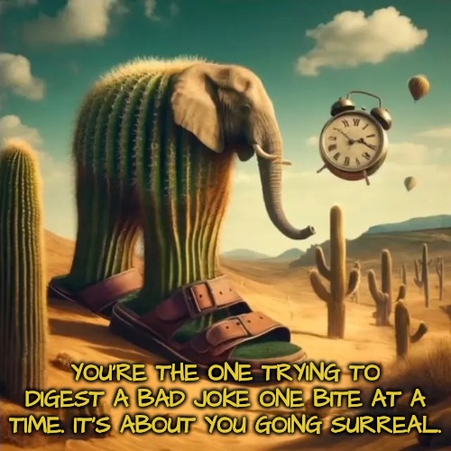 lirili larila | YOU'RE THE ONE TRYING TO DIGEST A BAD JOKE ONE BITE AT A TIME. IT'S ABOUT YOU GOING SURREAL. | image tagged in lirili larila | made w/ Imgflip meme maker