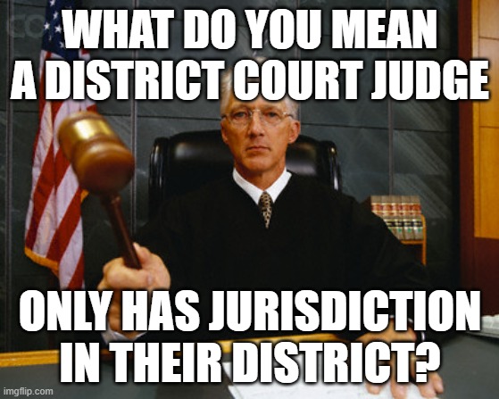 judge | WHAT DO YOU MEAN A DISTRICT COURT JUDGE; ONLY HAS JURISDICTION IN THEIR DISTRICT? | image tagged in judge | made w/ Imgflip meme maker