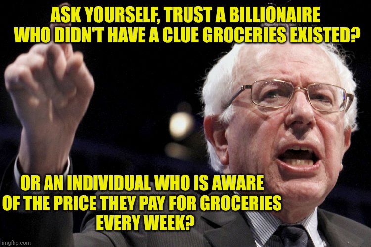 Bernie Sanders | ASK YOURSELF, TRUST A BILLIONAIRE
 WHO DIDN'T HAVE A CLUE GROCERIES EXISTED? OR AN INDIVIDUAL WHO IS AWARE 
OF THE PRICE THEY PAY FOR GROCER | image tagged in bernie sanders | made w/ Imgflip meme maker