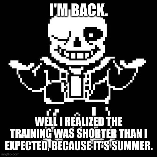 ... | I'M BACK. WELL I REALIZED THE TRAINING WAS SHORTER THAN I EXPECTED, BECAUSE IT'S SUMMER. | image tagged in sans of topic | made w/ Imgflip meme maker