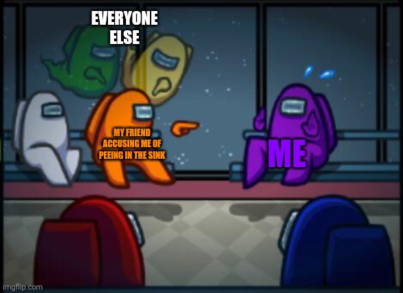 Pee sink | EVERYONE ELSE; MY FRIEND ACCUSING ME OF PEEING IN THE SINK; ME | image tagged in among us blame | made w/ Imgflip meme maker