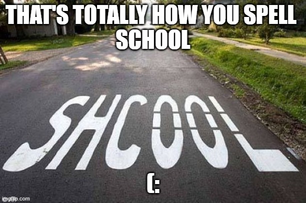 totally | THAT'S TOTALLY HOW YOU SPELL 
SCHOOL; (: | image tagged in shcool | made w/ Imgflip meme maker