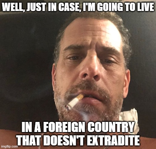 Hunter Biden | WELL, JUST IN CASE, I'M GOING TO LIVE IN A FOREIGN COUNTRY THAT DOESN'T EXTRADITE | image tagged in hunter biden | made w/ Imgflip meme maker
