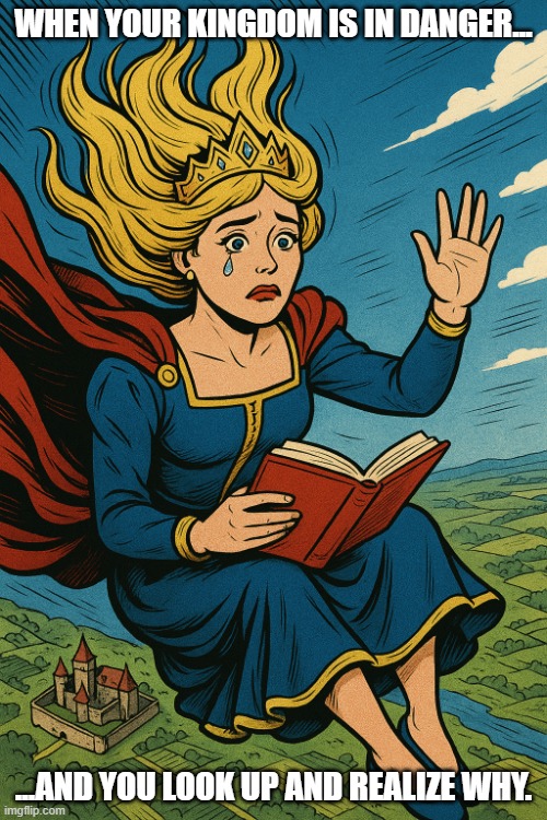 falling queen | WHEN YOUR KINGDOM IS IN DANGER... ...AND YOU LOOK UP AND REALIZE WHY. | image tagged in falling queen | made w/ Imgflip meme maker