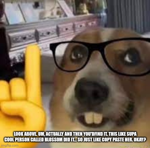 nerd dog | LOOK ABOVE. UM, ACTUALLY AND THEN YOU'DFIND IT. THIS LIKE SUPA COOL PERSON CALLED BLOSSOM DID IT... SO JUST LIKE COPY PASTE HER. OKAY? | image tagged in nerd dog | made w/ Imgflip meme maker