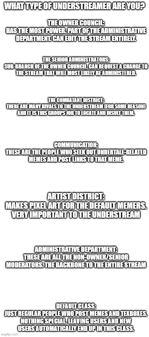 yes | WHAT TYPE OF UNDERSTREAMER ARE YOU? THE OWNER COUNCIL:
HAS THE MOST POWER. PART OF THE ADMINISTRATIVE DEPARTMENT. CAN EDIT THE STREAM ENTIRELY. THE SENIOR ADMINISTRATORS:
SUB-BRANCH OF THE OWNER COUNCIL. CAN REQUEST A CHANGE TO THE STREAM THAT WILL MOST LIKELY BE ADMINISTERED. THE COMBATANT DISTRICT:
THERE ARE MANY RIVALS TO THE UNDERSTREAM (FOR SOME REASON) AND IT IS THIS GROUPS JOB TO LOCATE AND INSULT THEM. COMMUNICATION:
THESE ARE THE PEOPLE WHO SEEK OUT UNDERTALE-RELATED MEMES AND POST LINKS TO THAT MEME. ARTIST DISTRICT:
MAKES PIXEL ART FOR THE DEFAULT MEMERS. VERY IMPORTANT TO THE UNDERSTREAM; ADMINISTRATIVE DEPARTMENT:
THESE ARE ALL THE NON-OWNER/SENIOR MODERATORS. THE BACKBONE TO THE ENTIRE STREAM; DEFAULT CLASS:
JUST REGULAR PEOPLE WHO POST MEMES AND TEXBOXES. NOTHING SPECIAL. LEAVING USERS AND NEW USERS AUTOMATICALLY END UP IN THIS CLASS. | image tagged in blank white template | made w/ Imgflip meme maker
