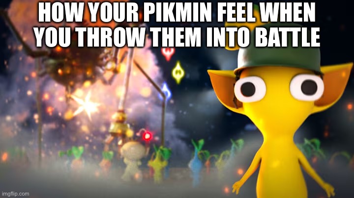 Thousand-yard stare (Pikmin edition) | HOW YOUR PIKMIN FEEL WHEN YOU THROW THEM INTO BATTLE | image tagged in thousand-yard stare pikmin edition | made w/ Imgflip meme maker