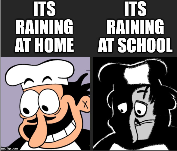 Uncanny peppino | ITS RAINING AT HOME; ITS RAINING AT SCHOOL | image tagged in uncanny peppino,pizza tower | made w/ Imgflip meme maker