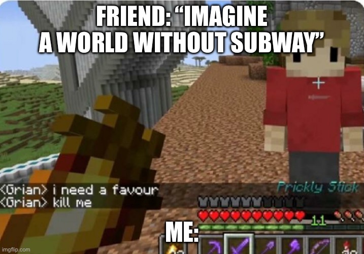 grian kill me | FRIEND: “IMAGINE A WORLD WITHOUT SUBWAY”; ME: | image tagged in grian kill me | made w/ Imgflip meme maker