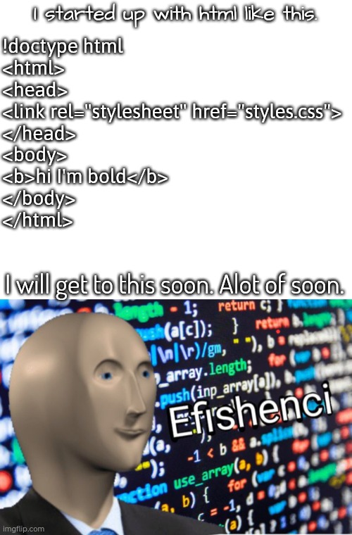 Yes | I started up with html like this. !doctype html
<html>
<head>
<link rel="stylesheet" href="styles.css">
</head>
<body>
<b>hi I'm bold</b>
</body>
</html>; I will get to this soon. Alot of soon. | image tagged in white circle,efficiency meme man | made w/ Imgflip meme maker