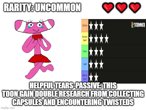 my oc: katherine | RARITY: UNCOMMON            ❤️❤️❤️; HELPFUL TEARS-PASSIVE: THIS TOON GAIN DOUBLE RESEARCH FROM COLLECTING CAPSULES AND ENCOUNTERING TWISTEDS | made w/ Imgflip meme maker